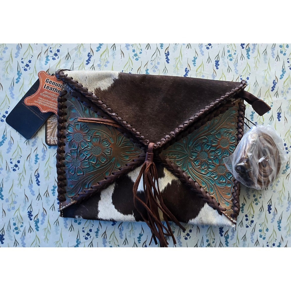 American Darling Cowhide Hand Carved Leather Crossbody Bag Turquoise‎ Floral NWT